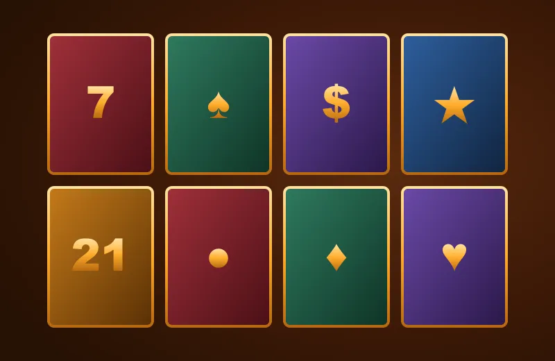 Osiem okładek gier z symbolami kart i slotów – katalog casino Mafia