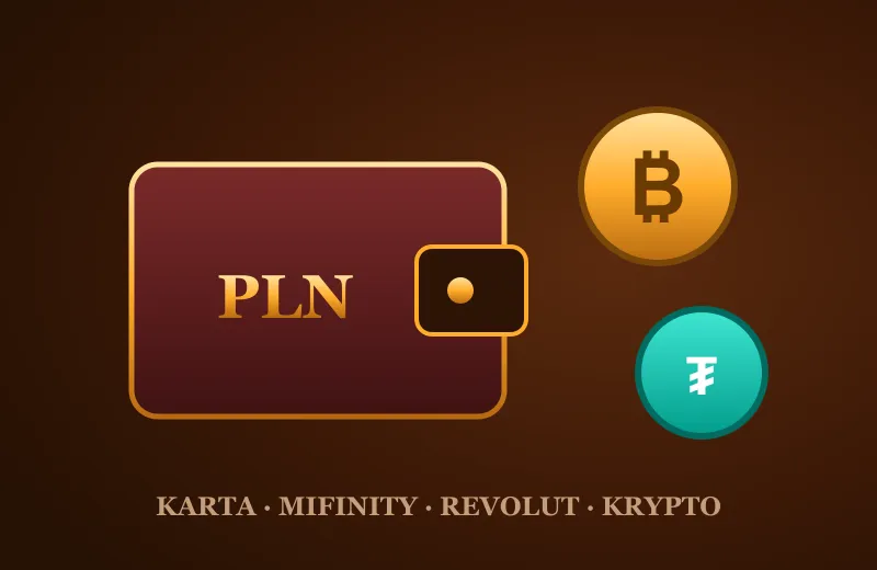 Portfel z napisem PLN, moneta Bitcoin i USDT – kasyno Mafia i płatności